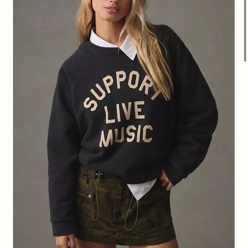 Anthropologie Black 'Support Live Music' Crewneck Sweatshirt